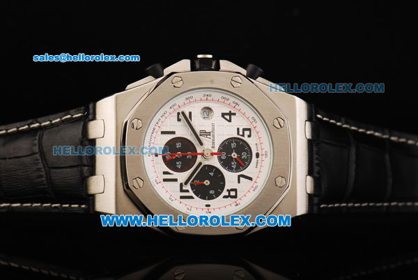 Audemars Piguet Royal Oak Chronograph Quartz Movement Steel Case with White Dial and Black Leather Strap - Click Image to Close